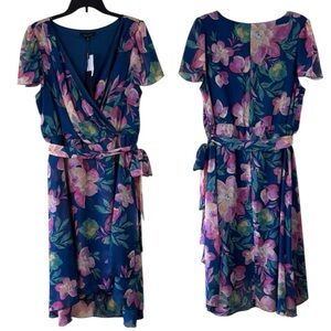 Ellen Weaver Dress Blue Floral Faux Wrap Midi High‎ Low in Size 1X  NWT